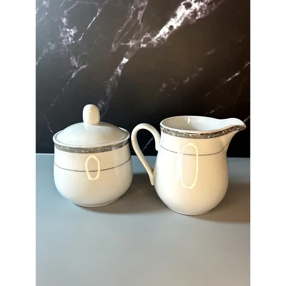 Gibson Ceramic Sugar & Creamer White with Silver Trim - Picture 4 of 5